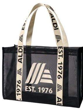 Aldi Black Mesh Tote Bag with Cream Logo Straps